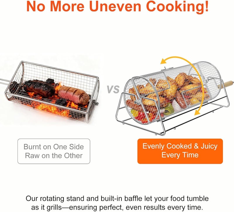 JOYJULY Rotatable Rolling Grill Baskets, 304 Stainless Steel, Even Cooking Nesting Grilling Net, BBQ Accessories Tools for Vegetables Shrimp, Outdoor Camping, Gifts for Birthday/Men/Dad/Husband - Image 3